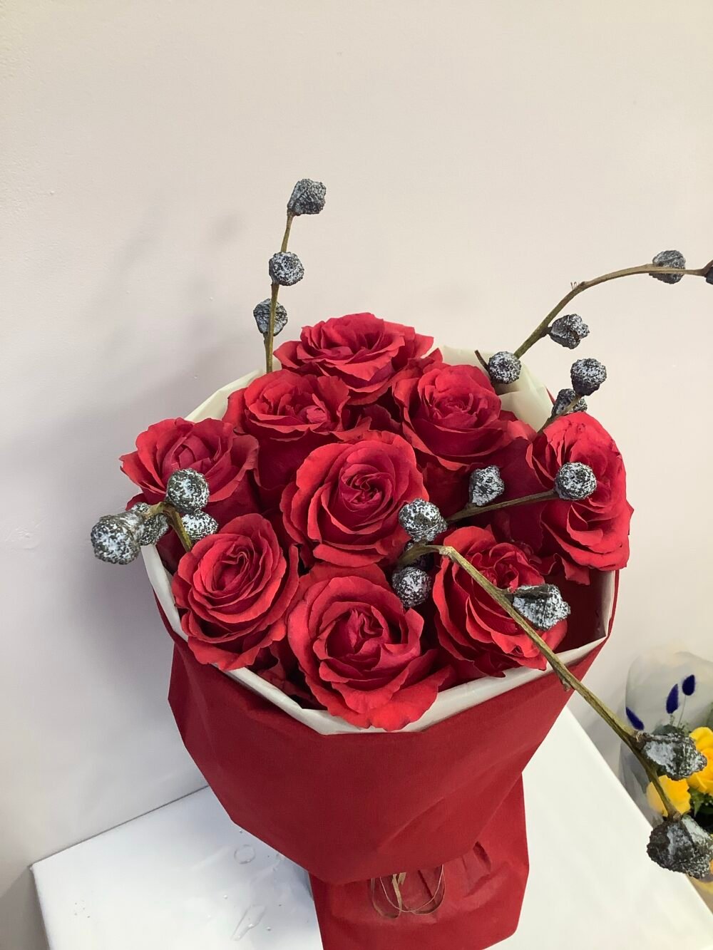 9 Red Roses in Luxurious Red Wrapping